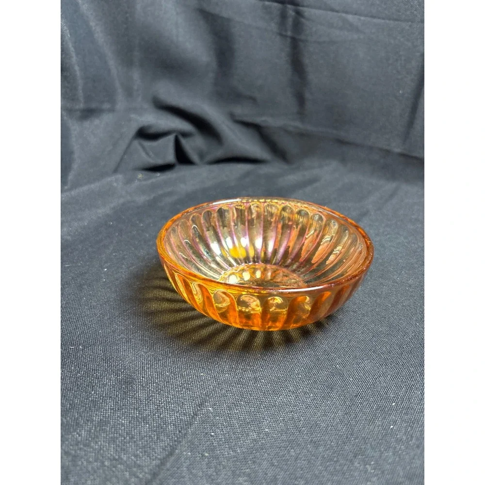 Vintage Marigold Carnival‎ Glass Ribbed Small Bowl Iridescent Sunburst 4.5 Inch
